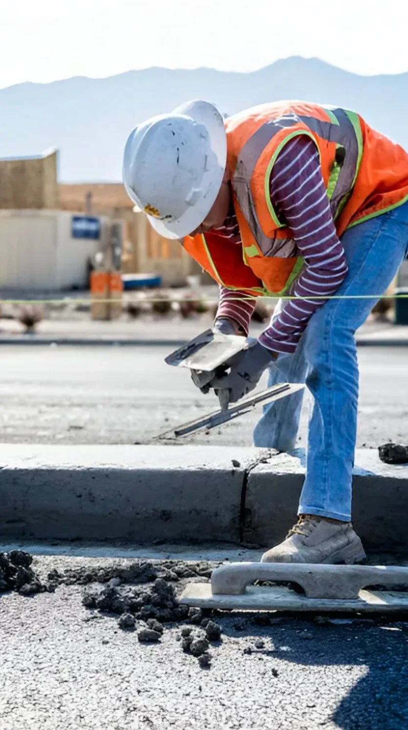 Worker carrying out concrete finishing with a handheld tool