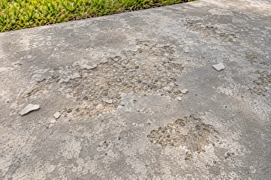 Illustration of concrete surface flaking with exposed aggregate on an outdoor slab