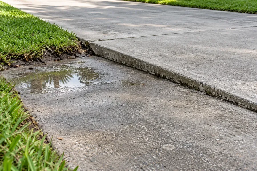 Illustration of a settled concrete driveway panel with a low joint and shallow standing water